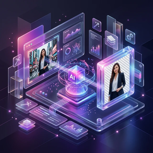 Complex hair background removal result: before shows messy background, after shows clean cutout with preserved flyaway strands