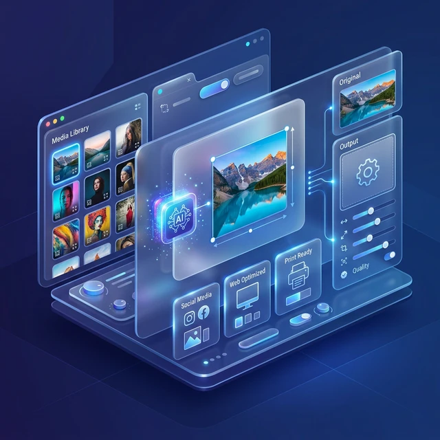 AI Image Resizer interface showing upload zone, preset dropdown, fit mode selection, and batch export controls