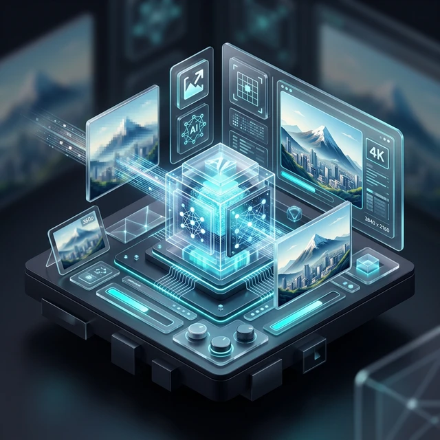 AI image upscaler interface showing before/after preview and control sliders