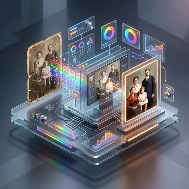 Side‑by‑side comparison: original black‑and‑white portrait with historical grain, V3 colorized result with accurate skin tones and period‑appropriate colors